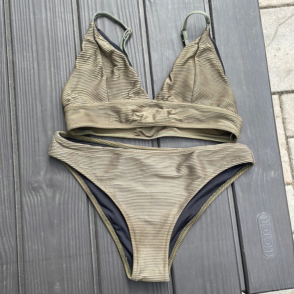 Cupshe, hunter green, striped texture bikini, women’s small